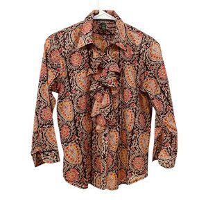 Lauren Ralph Lauren Button Up Ruffle Blouse Petite S Cotton Paisley 3/4‎ Sleeve